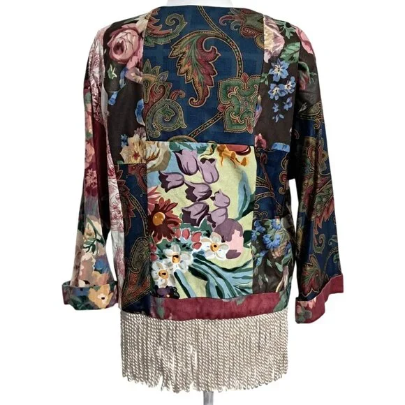Vintage Boho Patchwork Fringe Floral Kimono Jacket Multicolor Artsy Toile Paisle - Picture 6 of 11